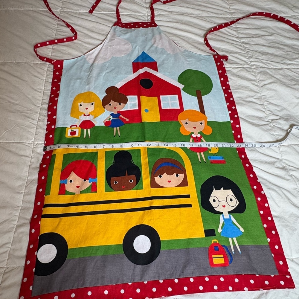 Colorful School House and School Bus Themed Apron with Polka Dot Background - Picture 7 of 10